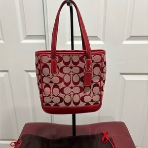 Coach Red and Cream Mini Tote Bag with Signature Design